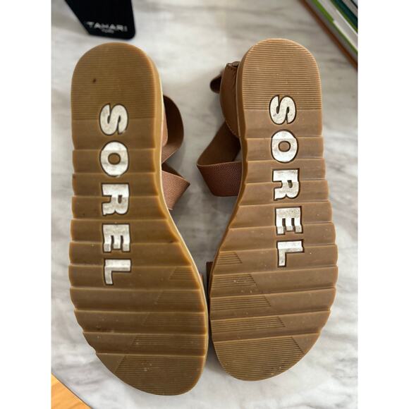 Sorel Brown Leather Cross Strap Flat Slip On Sandal - Picture 5 of 6